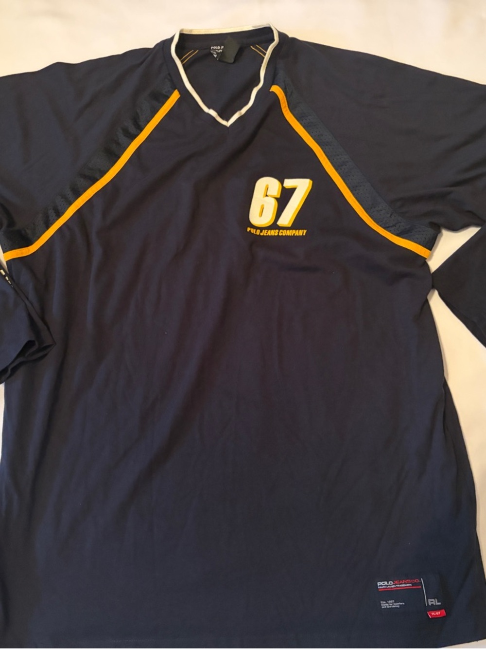 Polo by Ralph Lauren Navy Long-Sleeve Shirt with Yellow Trim and 67 Graphic